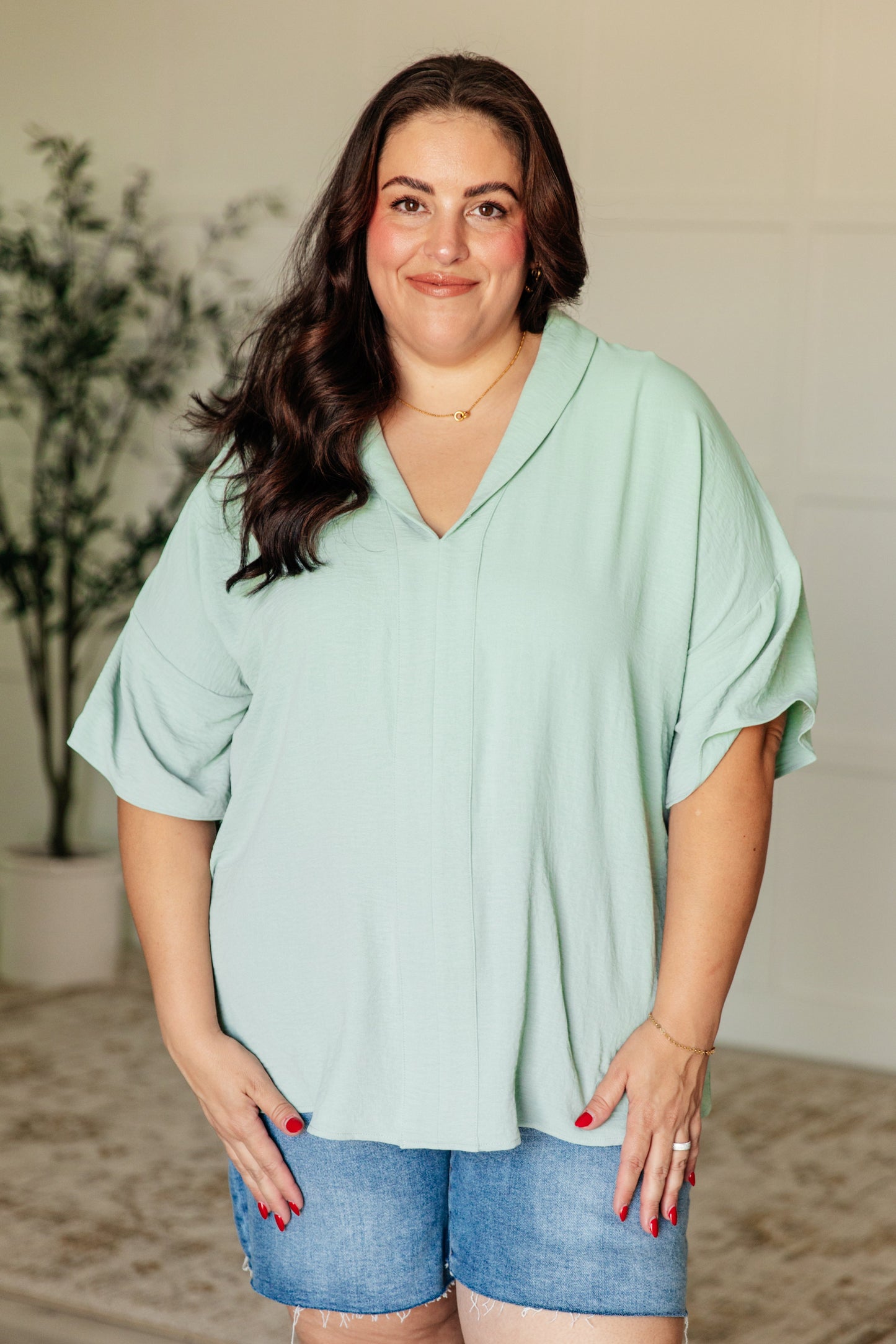 Things Are Looking Up Crinkle Woven V-Neck Top