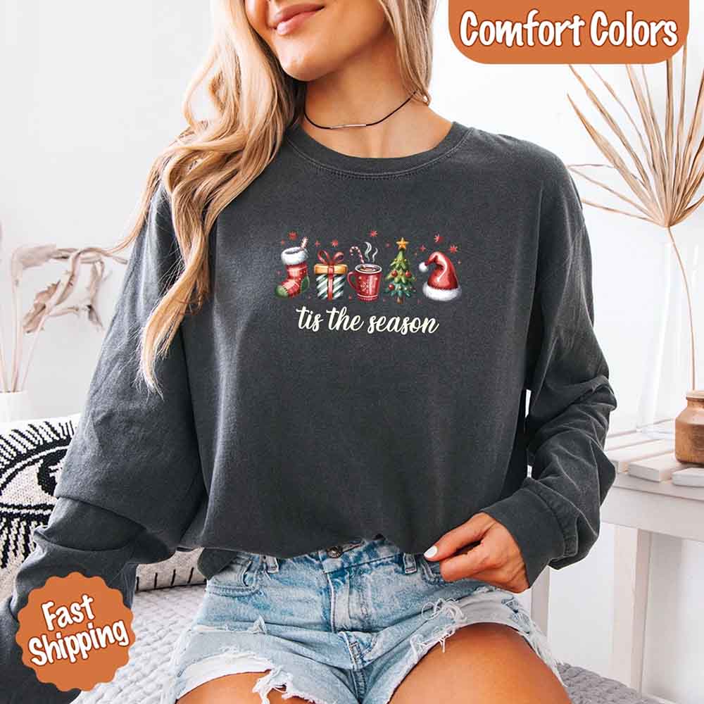 Tis The Season Comfort Colors Long Sleeve Christmas Shirt