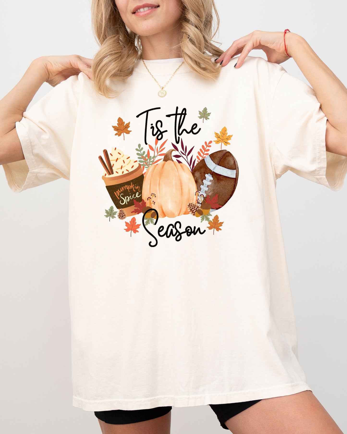Tis The Season, Football, Pumpkin, Pumpkin Spice Coffee Latte, Leaves, Autumn, Fall, Halloween Shirt Comfort Colors T-Shirt