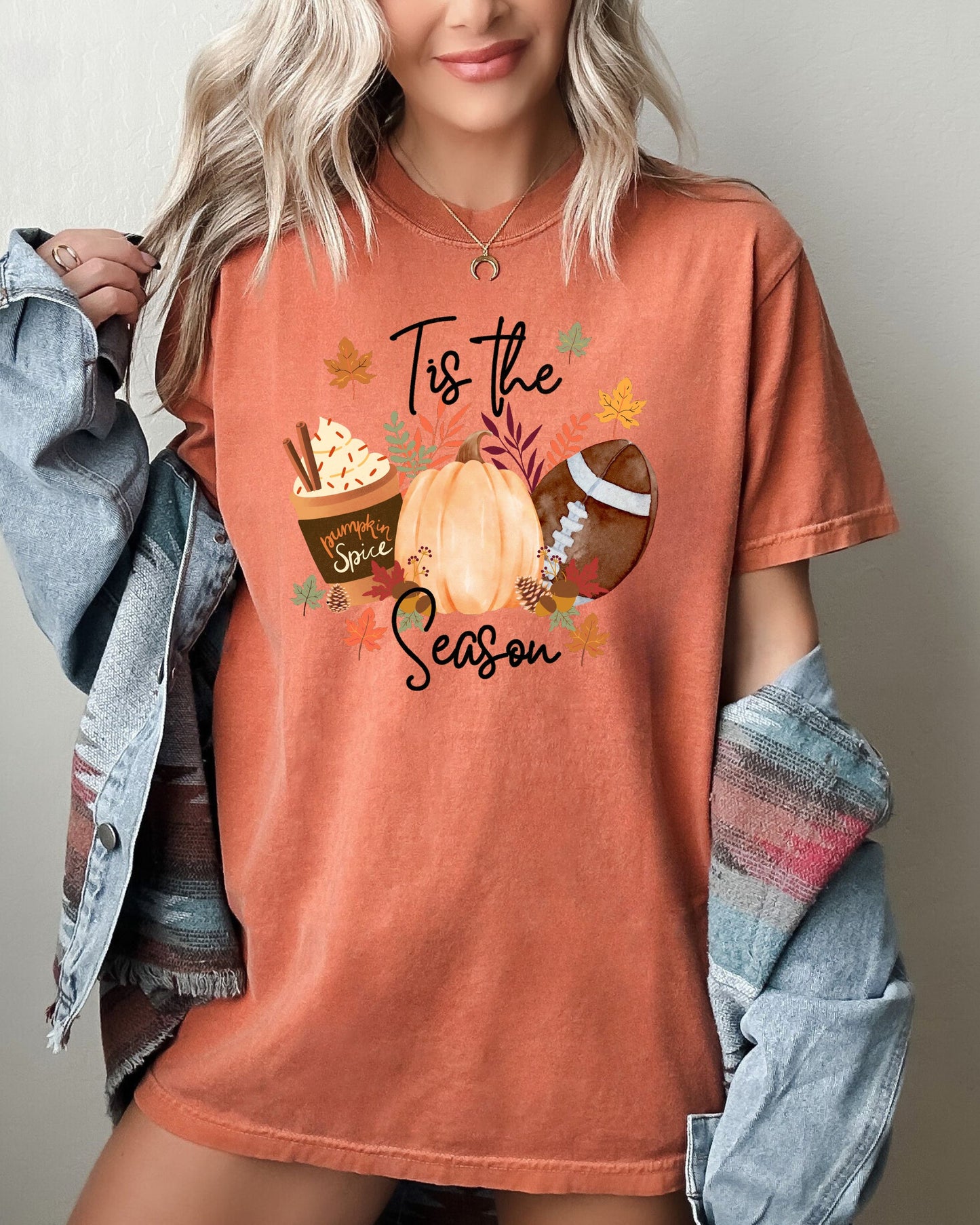 Tis The Season, Football, Pumpkin, Pumpkin Spice Coffee Latte, Leaves, Autumn, Fall, Halloween Shirt Comfort Colors T-Shirt