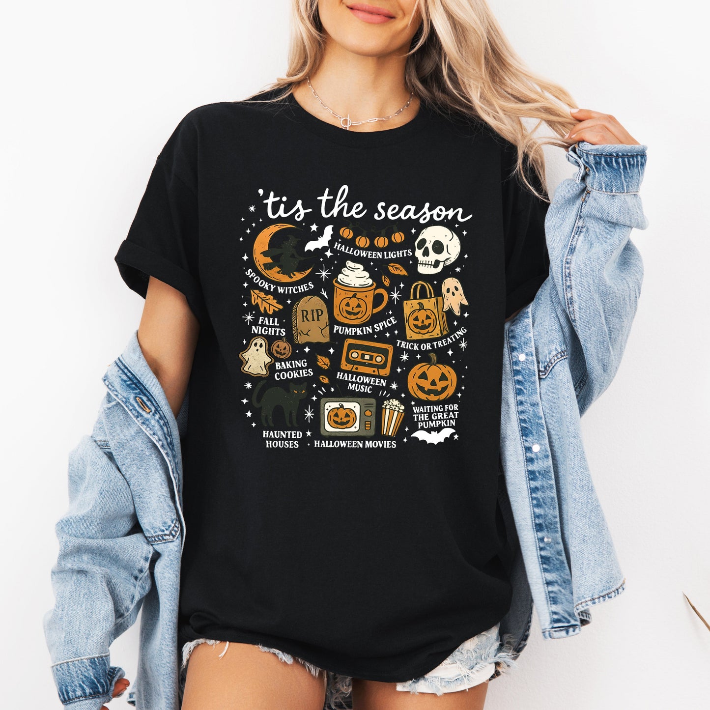 Tis The Season, Halloween, Skeleton, Black Cat, Witch, Ghost, Pumpkin, Tshirt
