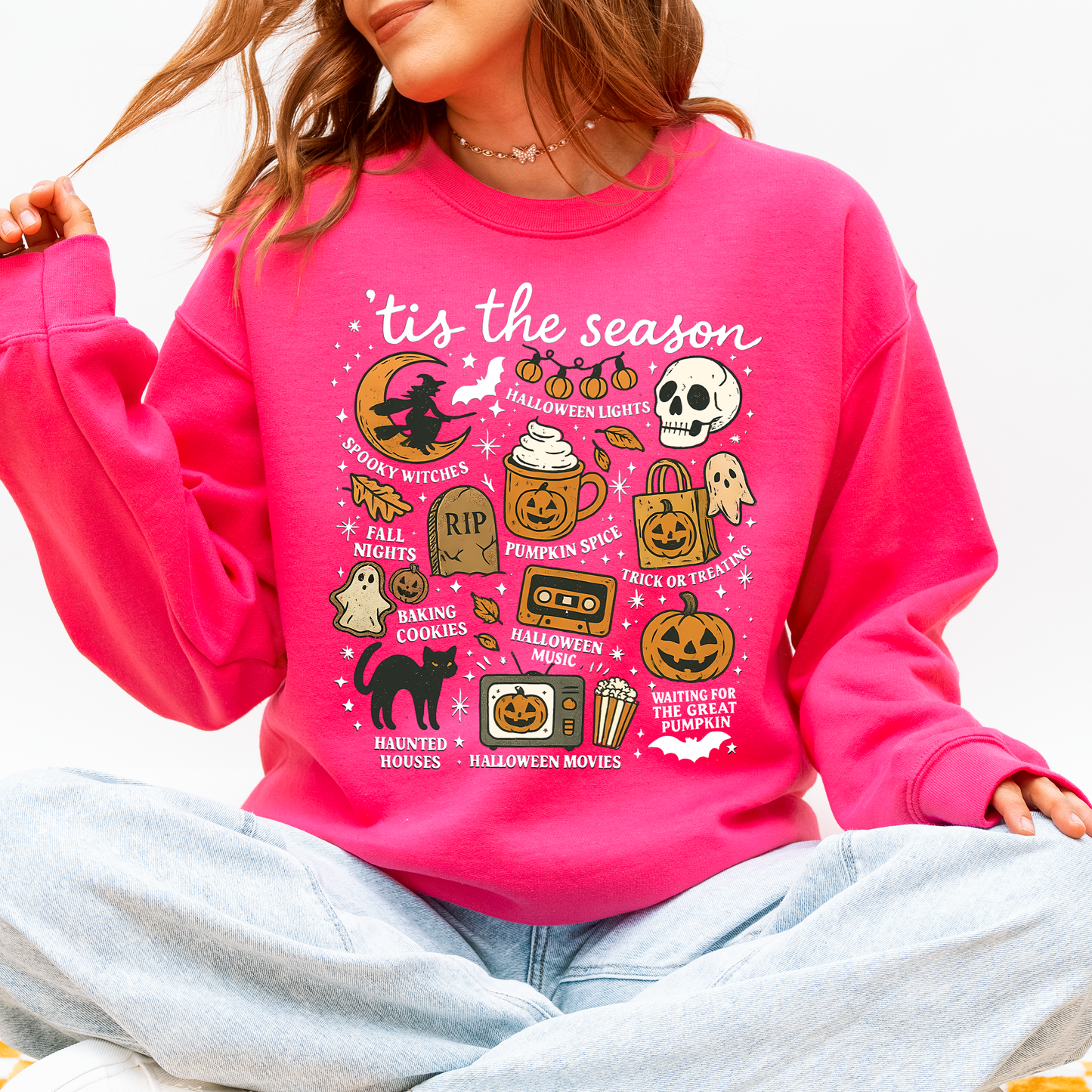 Tis The Season, Halloween, Skeleton, Black Cat, Witch, Ghost, Pumpkin Sweatshirt