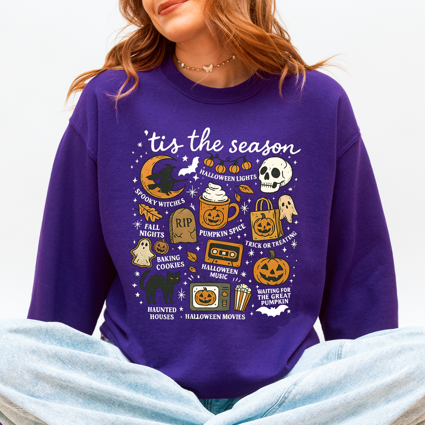 Tis The Season, Halloween, Skeleton, Black Cat, Witch, Ghost, Pumpkin Sweatshirt