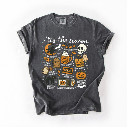 Tis The Season, Halloween, Skeleton, Black Cat, Witch, Ghost, Pumpkin, Comfort Colors T-Shirt