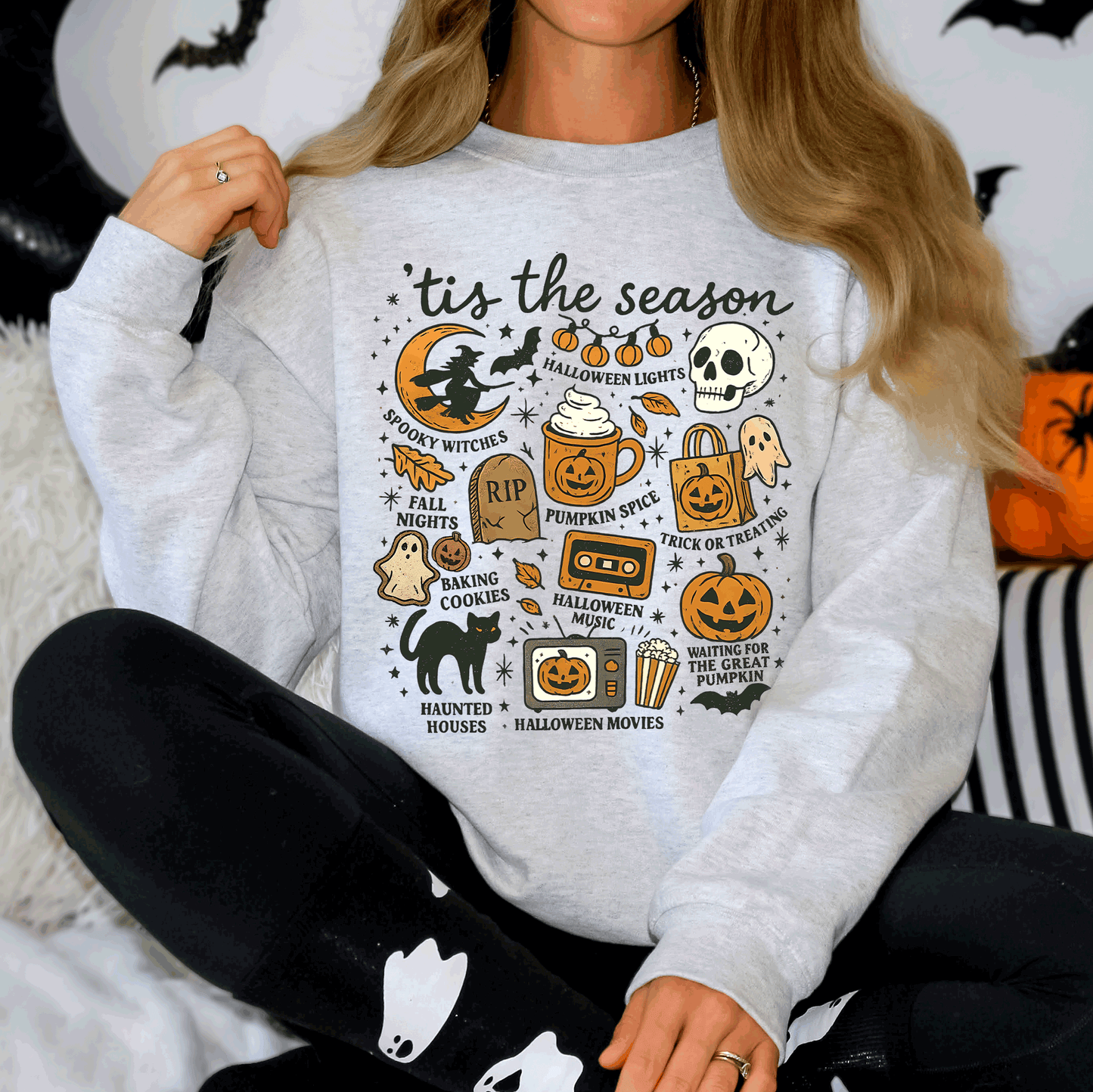 Tis The Season, Halloween, Skeleton, Black Cat, Witch, Ghost, Pumpkin Sweatshirt