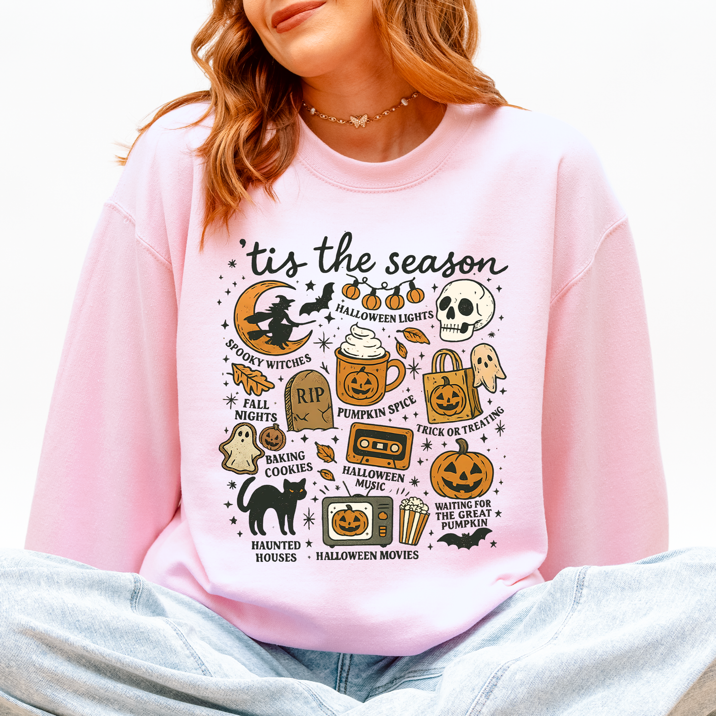Tis The Season, Halloween, Skeleton, Black Cat, Witch, Ghost, Pumpkin Sweatshirt