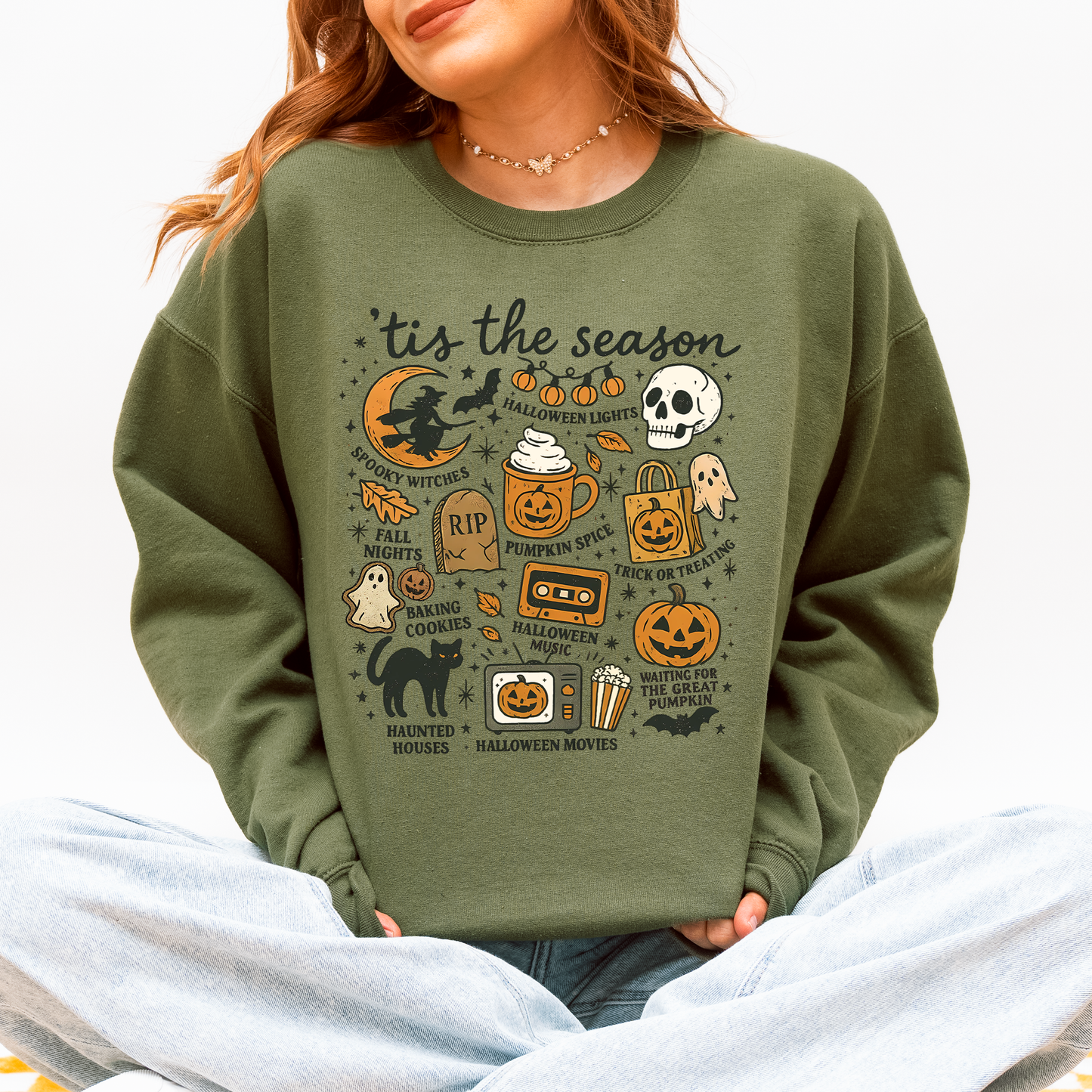 Tis The Season, Halloween, Skeleton, Black Cat, Witch, Ghost, Pumpkin Sweatshirt