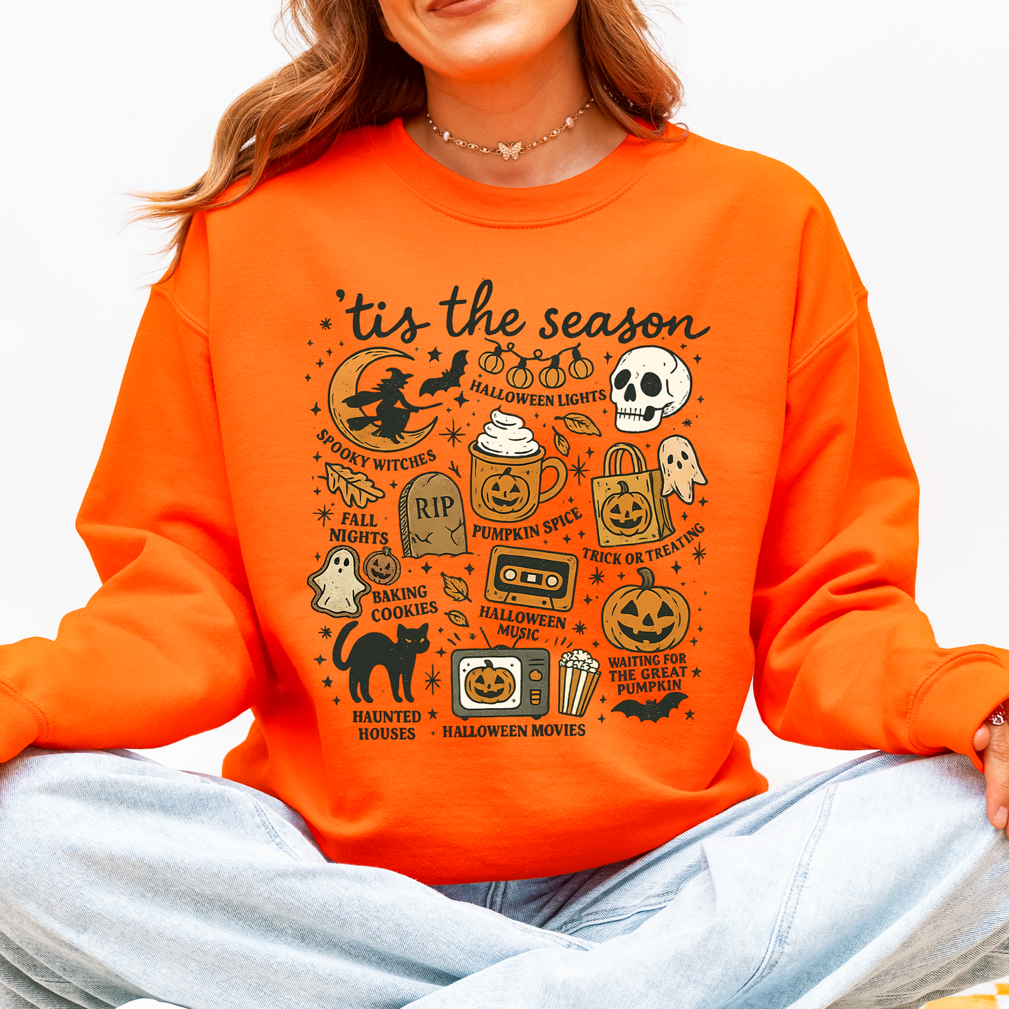 Tis The Season, Halloween, Skeleton, Black Cat, Witch, Ghost, Pumpkin Sweatshirt
