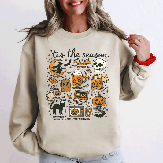 Tis The Season, Halloween, Skeleton, Black Cat, Witch, Ghost, Pumpkin Sweatshirt