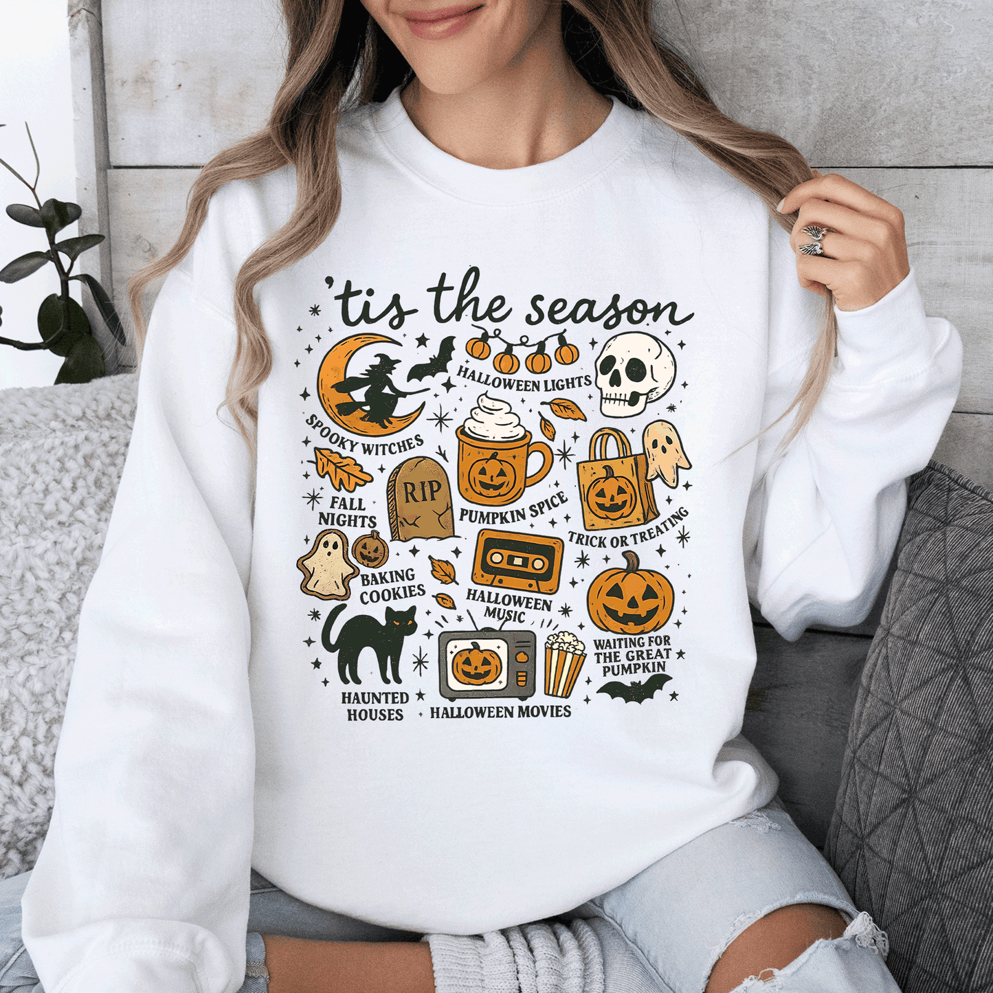 Tis The Season, Halloween, Skeleton, Black Cat, Witch, Ghost, Pumpkin Sweatshirt