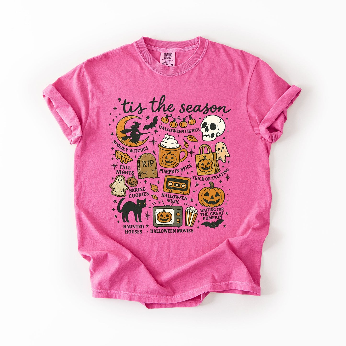 Tis The Season, Halloween, Skeleton, Black Cat, Witch, Ghost, Pumpkin, Comfort Colors T-Shirt