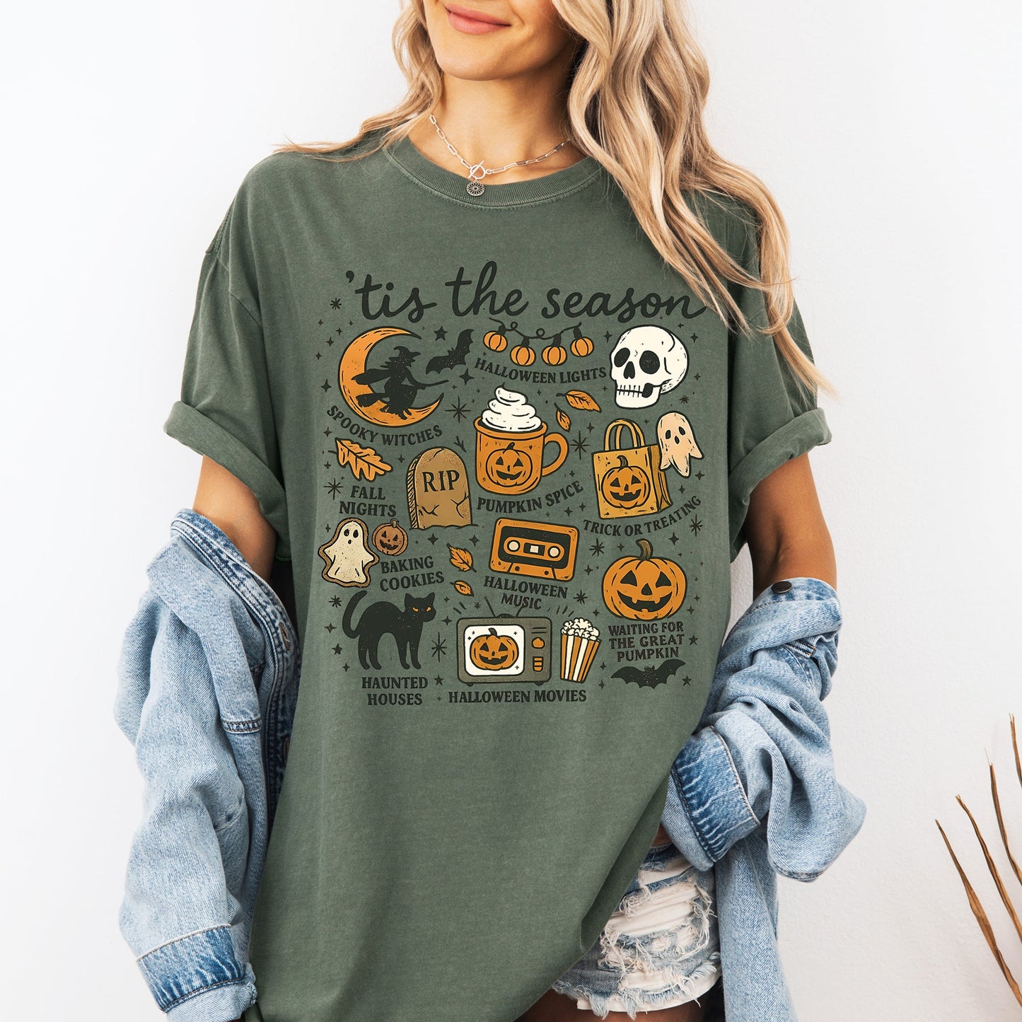 Tis The Season, Halloween, Skeleton, Black Cat, Witch, Ghost, Pumpkin, Comfort Colors T-Shirt
