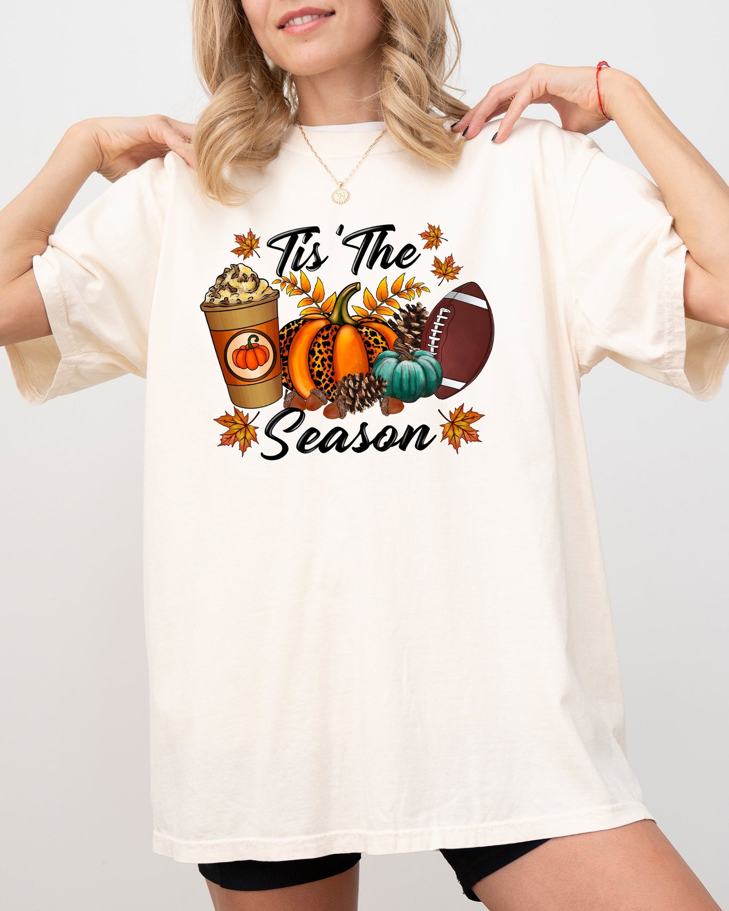Tis The Season, Leopard Print, Football, Pumpkin, Pumpkin Spice Coffee Latte, Leaves, Autumn, Fall, Halloween Shirt Comfort Colors T-Shirt