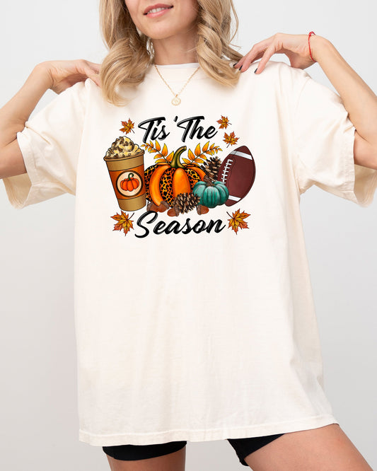 Tis The Season, Leopard Print, Football, Pumpkin, Pumpkin Spice Coffee Latte, Leaves, Autumn, Fall, Halloween Shirt Comfort Colors T-Shirt