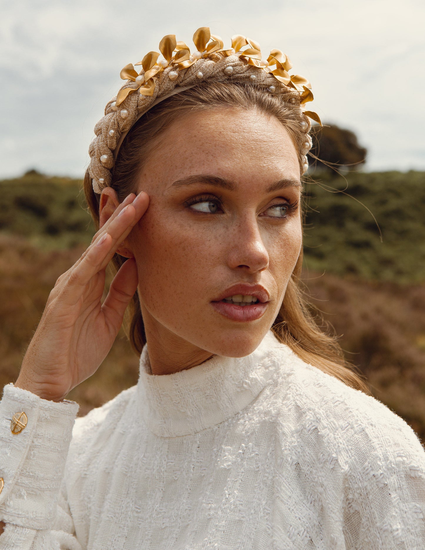 Basket of Gold Floral Headband Braided Linen Polyester ADIBA