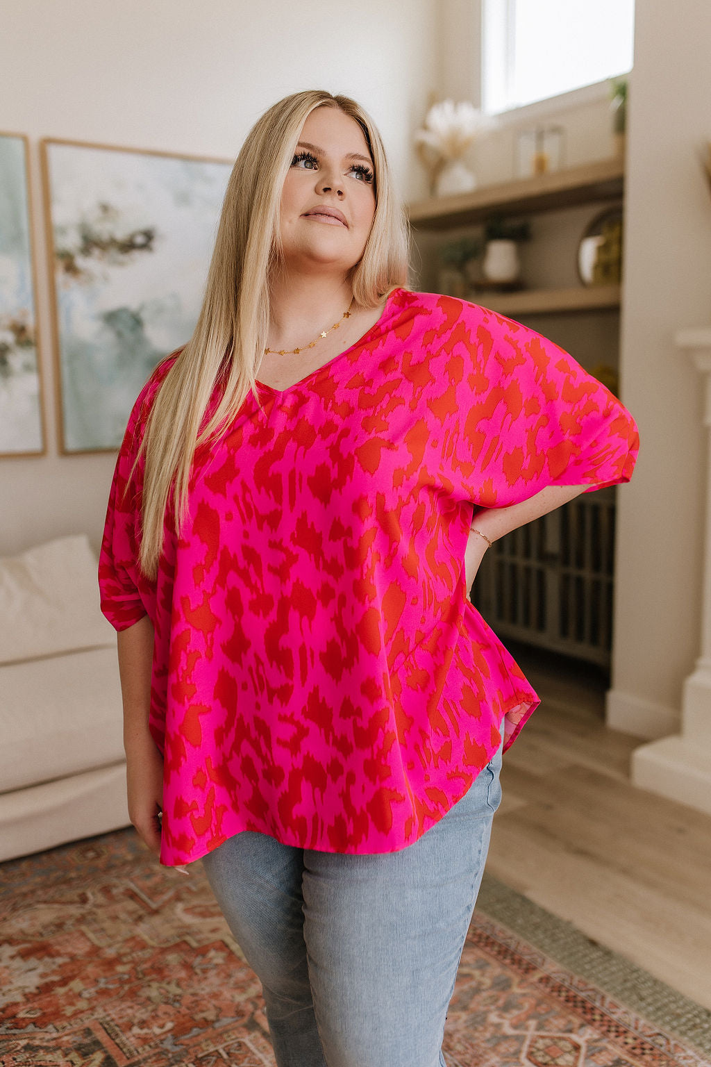 Animal Print Oversized V-Neck Blouse Unforgettable