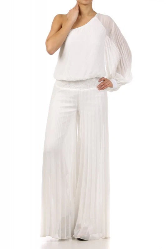 Women's Ladies One Shoulder Jumpsuit With Wide Leg And Pleats White, Black