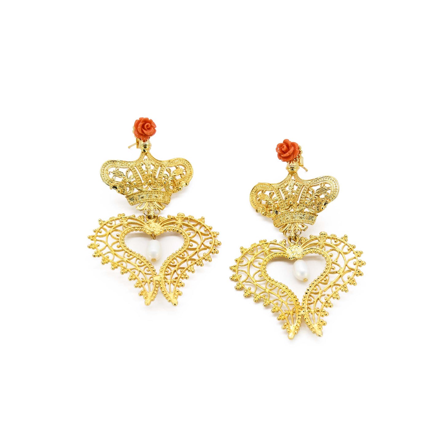 Vinca Coral Enamel Filigree Gold Plated Earring ADIBA