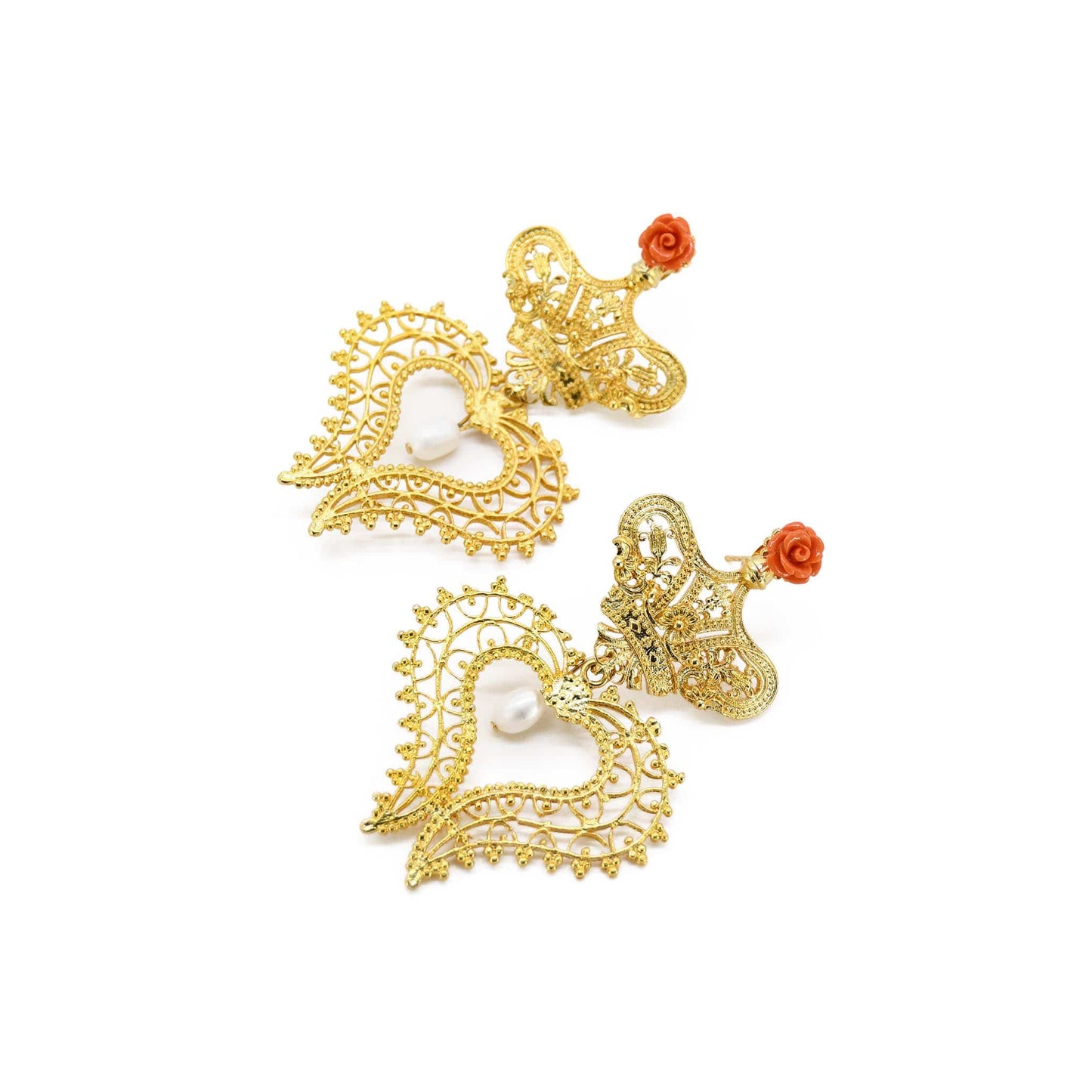 Vinca Coral Enamel Filigree Gold Plated Earring ADIBA