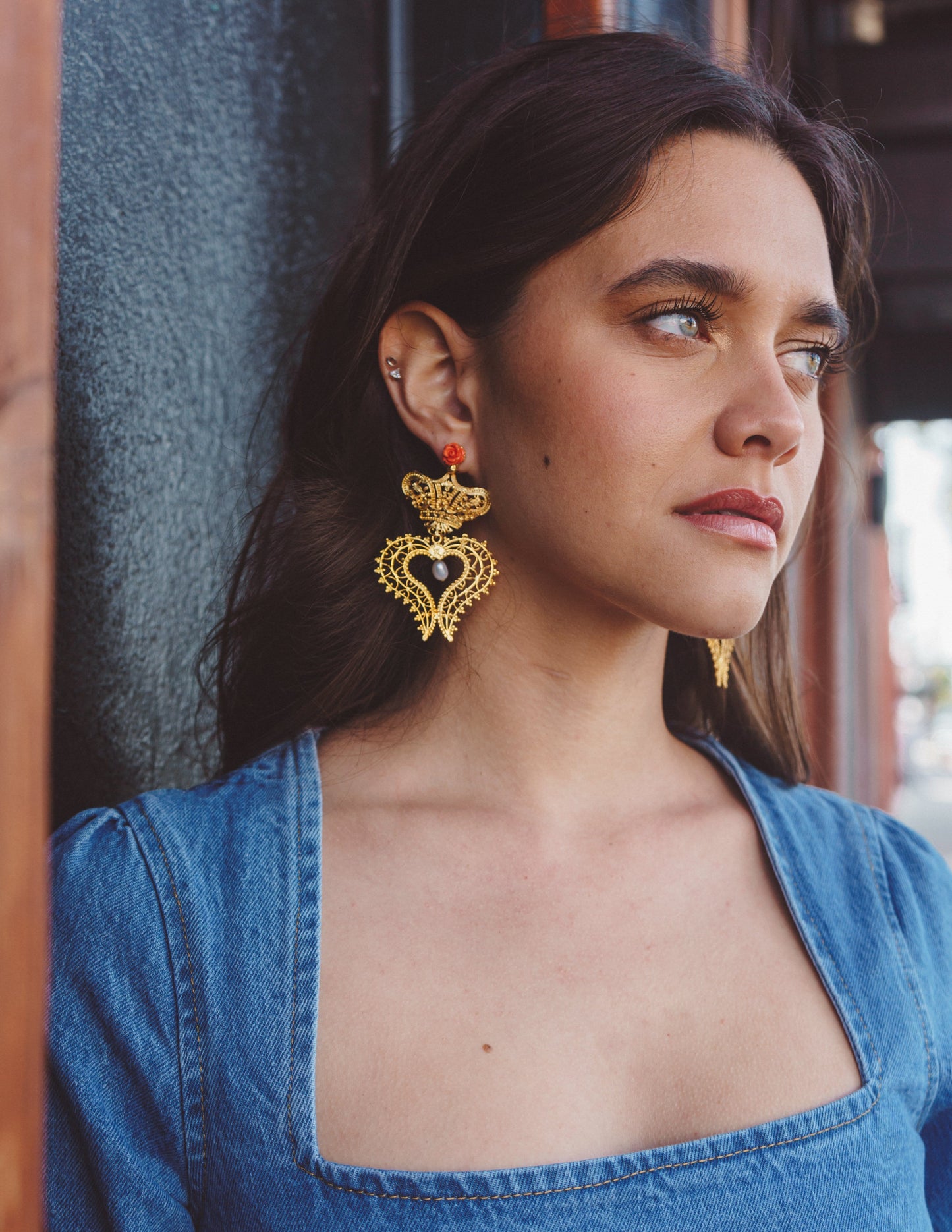 Vinca Coral Enamel Filigree Gold Plated Earring ADIBA