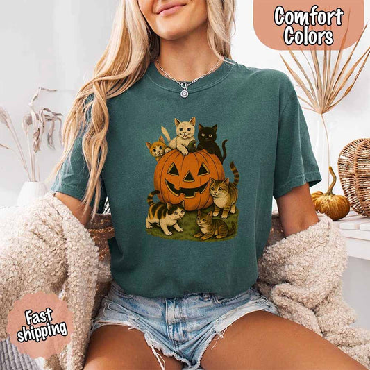 Vintage 90s Cat Halloween Comfort Colors Shirt Retro Tee for Cat Lovers