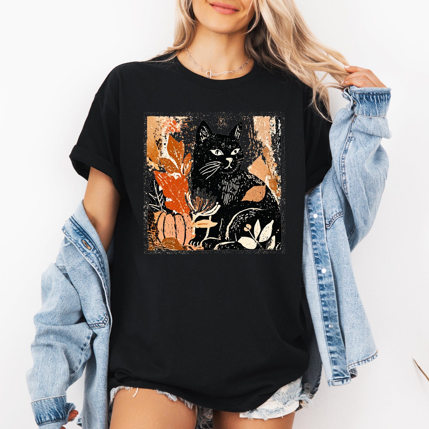 Vintage Black Cat Autumn Halloween Pumpkin T-shirt Refinery Number One