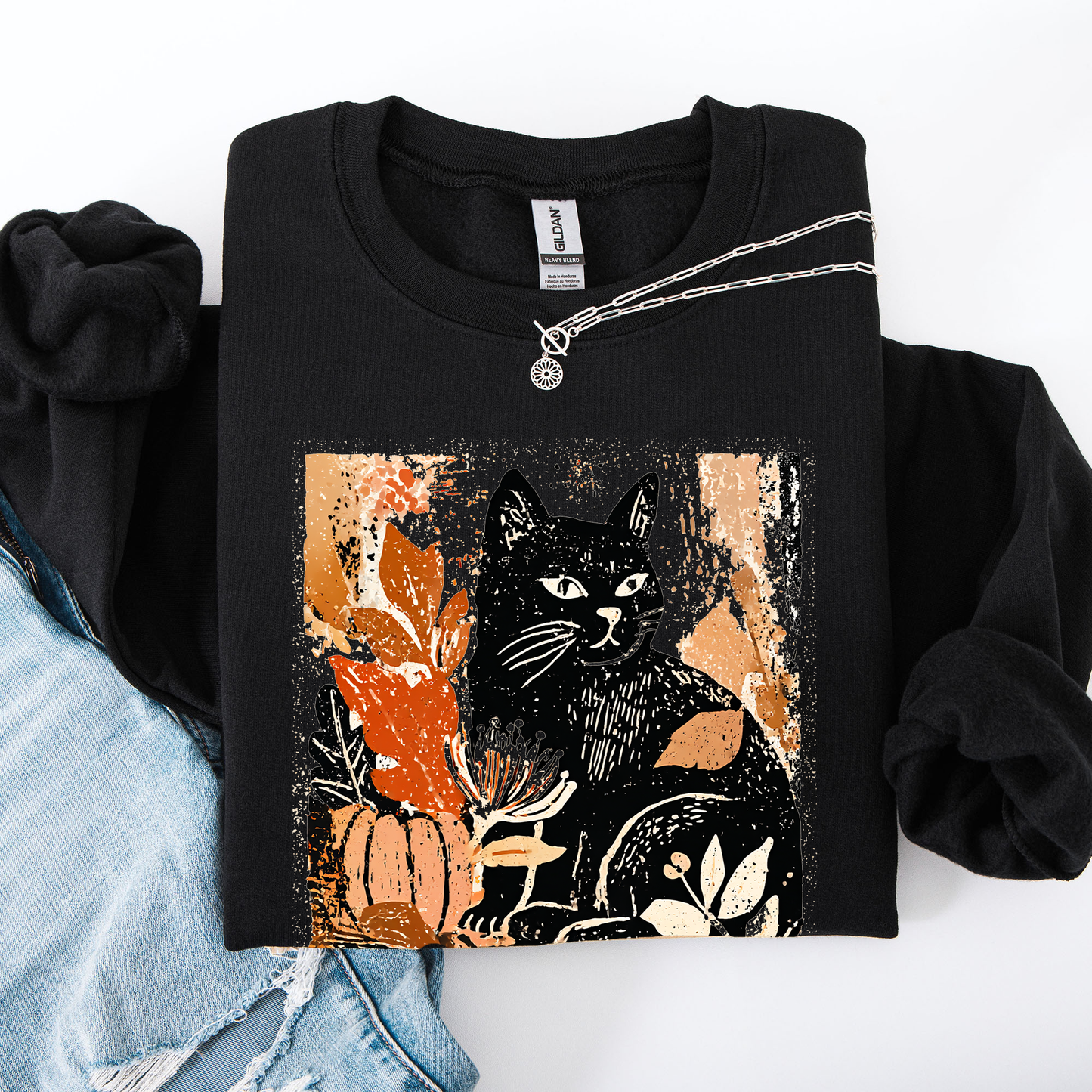 Vintage Black Cat Pumpkin Sweatshirt Halloween Autumn Fall Refinery Number One