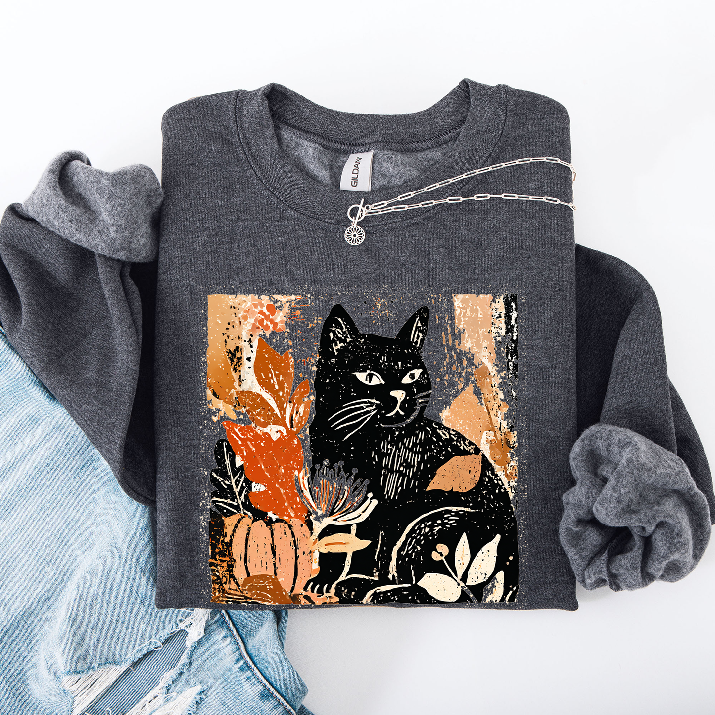 Vintage Black Cat Pumpkin Sweatshirt Halloween Autumn Fall Refinery Number One