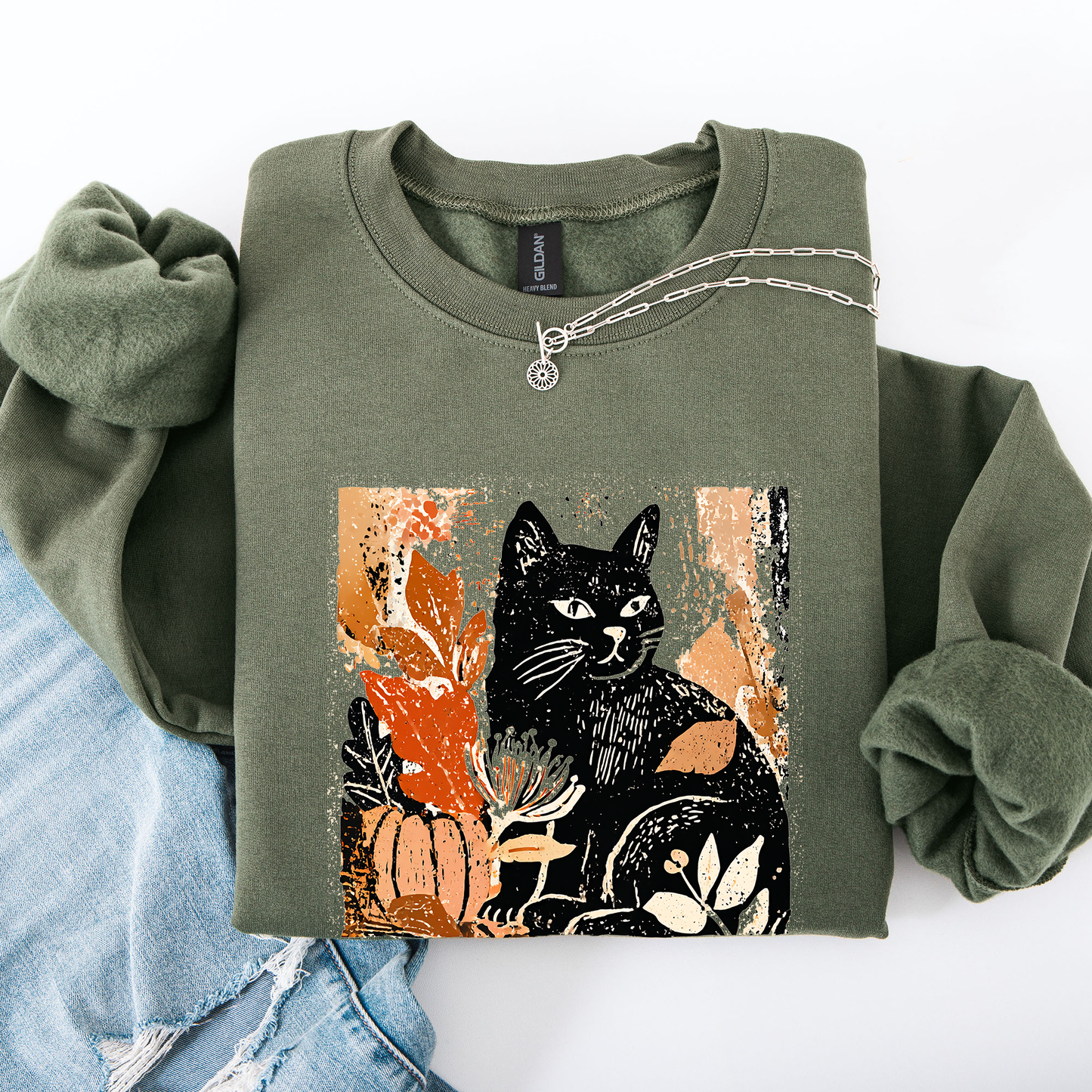 Vintage Black Cat Pumpkin Sweatshirt Halloween Autumn Fall Refinery Number One