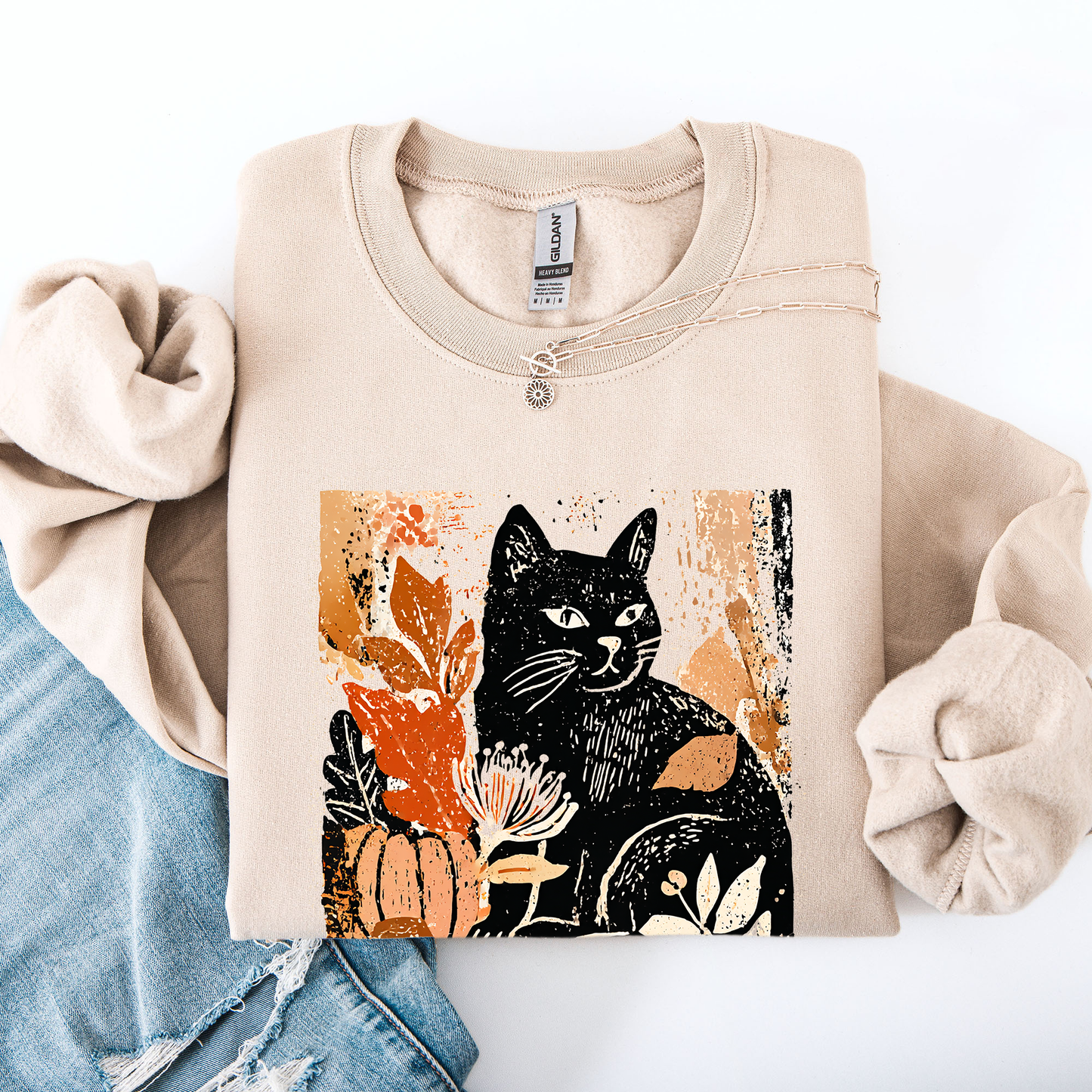 Vintage Black Cat Pumpkin Sweatshirt Halloween Autumn Fall Refinery Number One