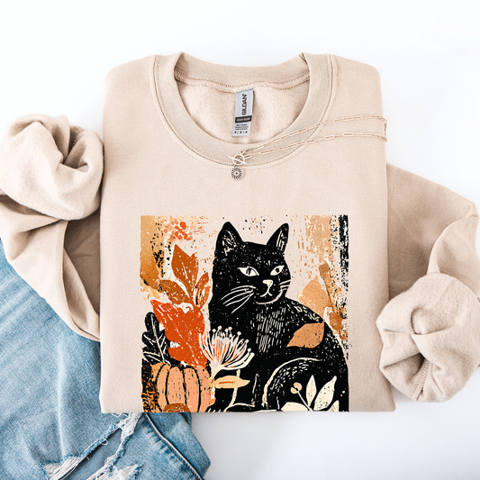 Vintage Black Cat Pumpkin Sweatshirt Halloween Autumn Fall Refinery Number One