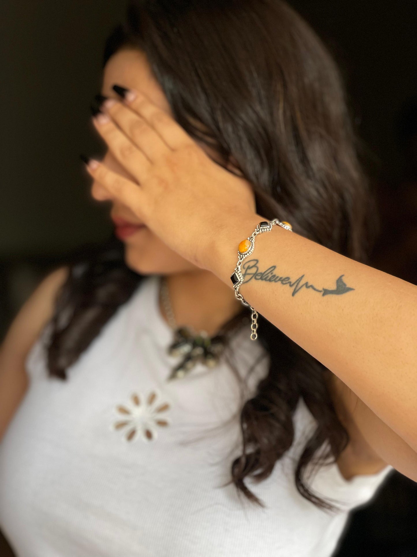 "Halloween Collection" Handmade Sterling Silver Black Onyx, Bumblebee Chain Bracelet with Signed Nizhoni