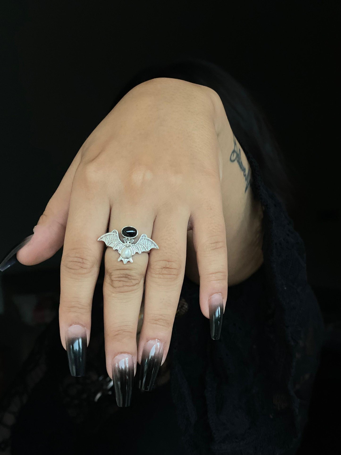 "Halloween Collection" Handmade Sterling Silver Black Onyx Bat Ring with Signed Nizhoni