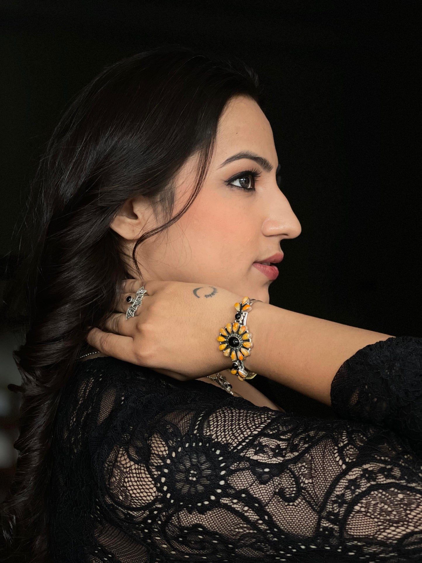 "Halloween Collection" Handmade Sterling Silver Black Onyx, Bumblebee Chain Bracelet with Signed Nizhoni