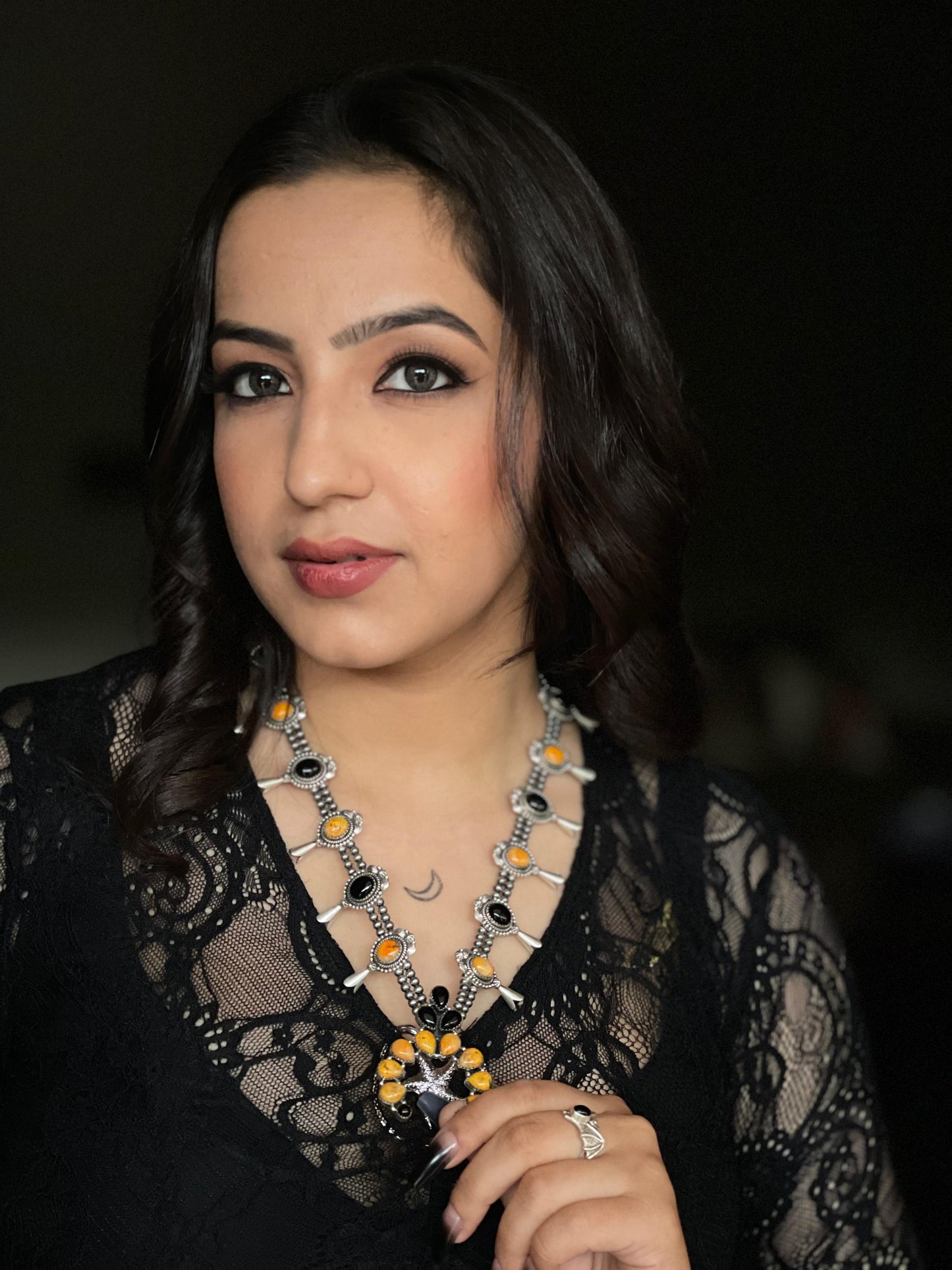 "Halloween Collection" Handmade Sterling Silver Black Onyx, Bumblebee Bat Squash Blossom Beaded Necklace with Signed Nizhoni