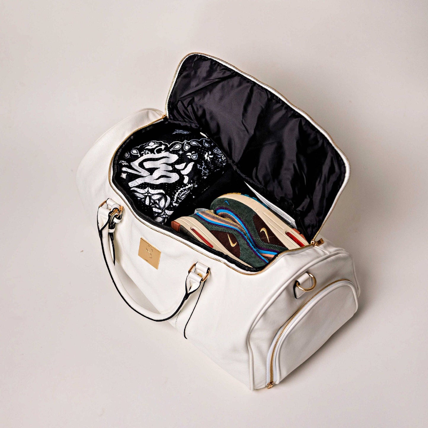 White Leather Luxury Weekender Duffle Bag