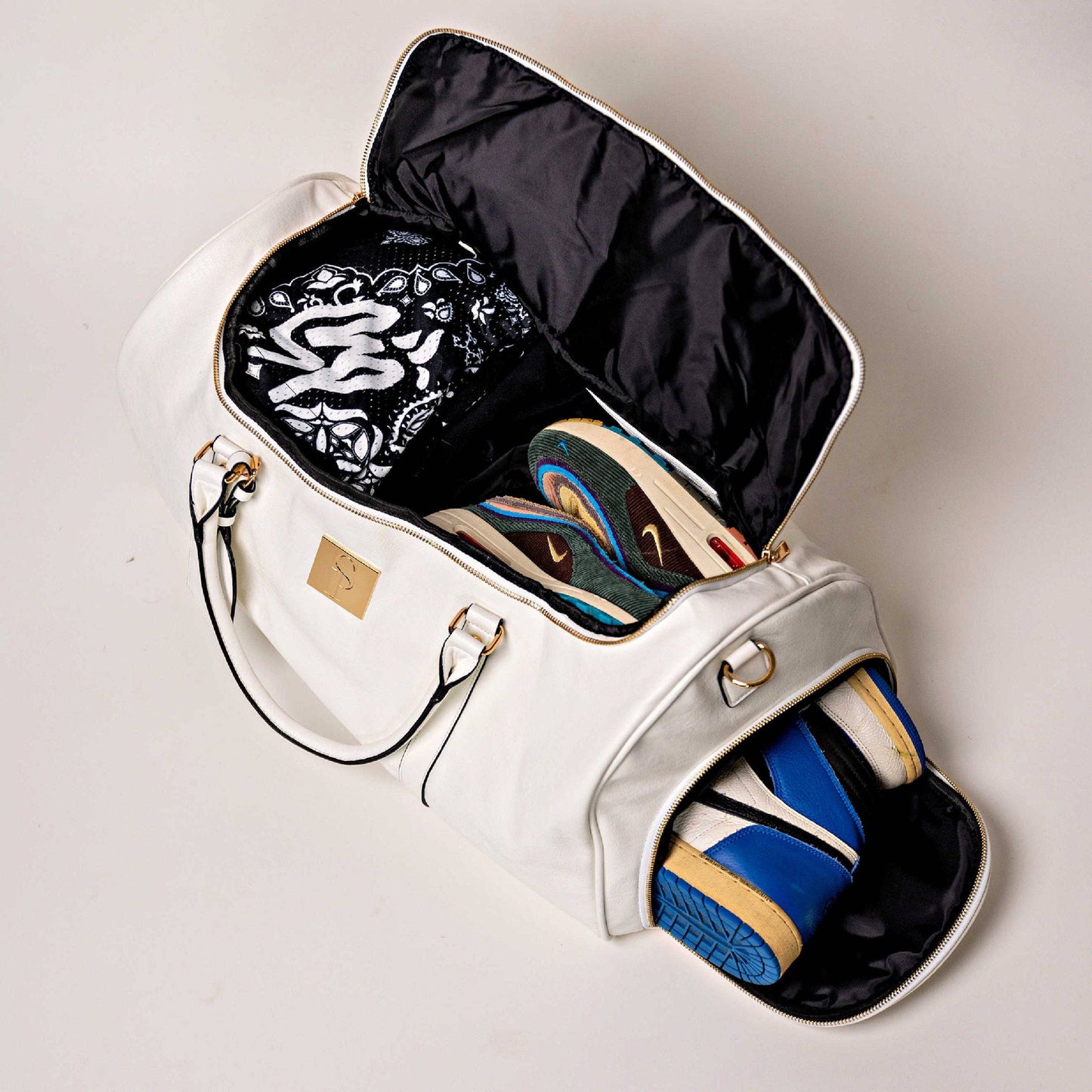 White Leather Luxury Weekender Duffle Bag