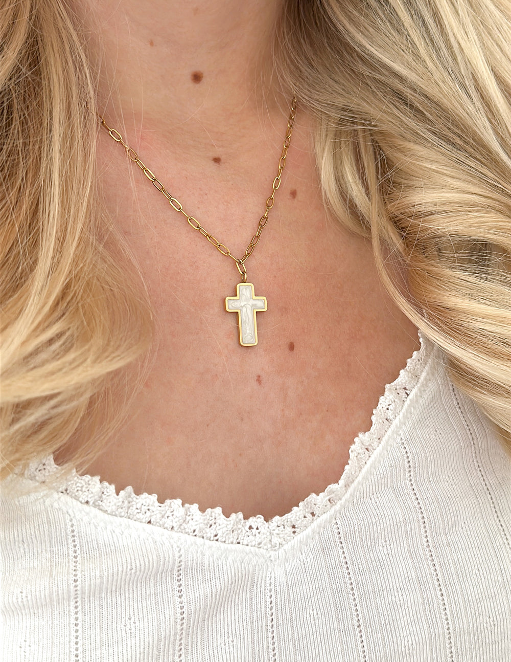 White Enamel Cross Necklace Religious Jewelry Elevated Faith