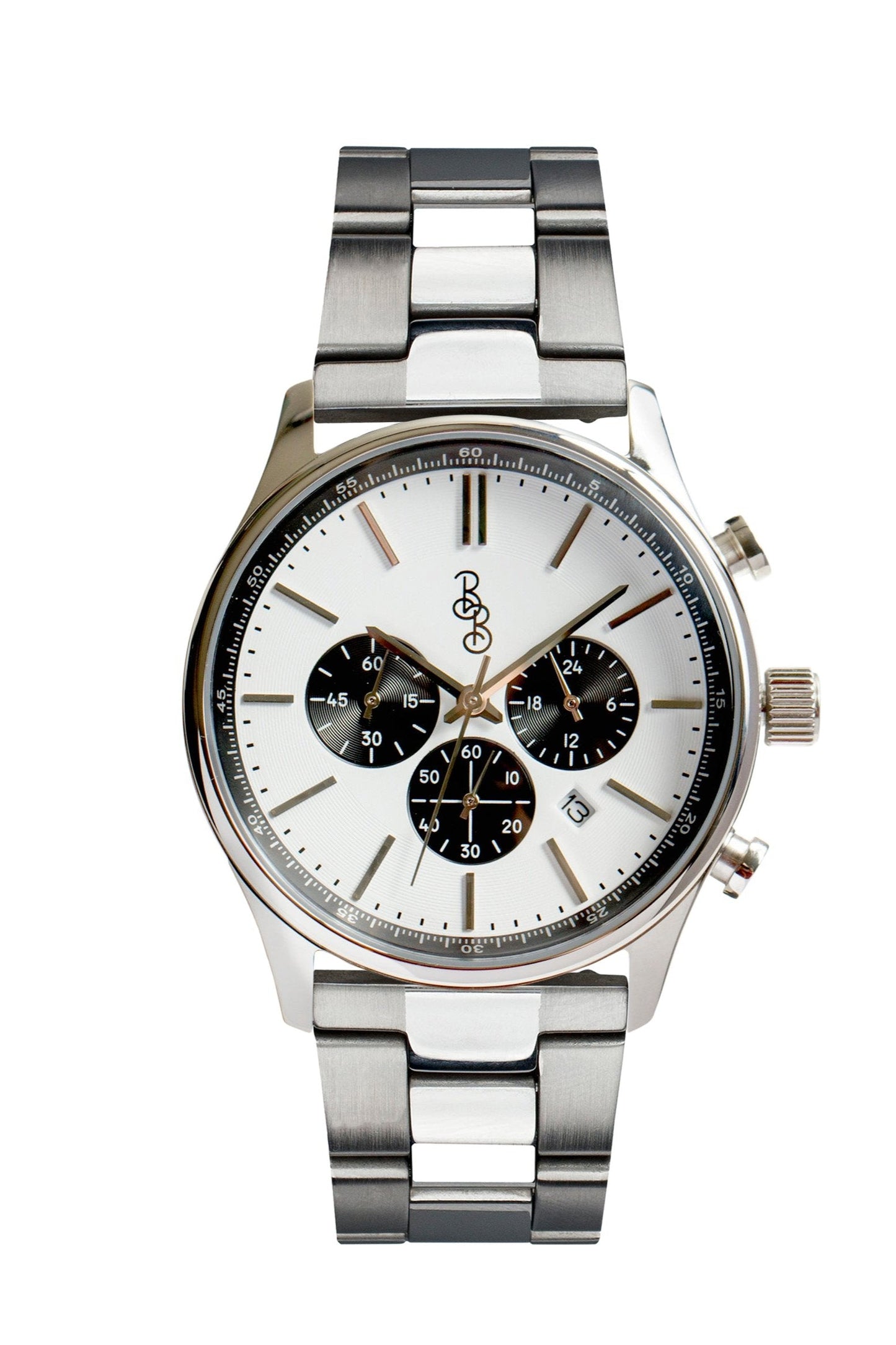 White and Black Chronograph Stainless Steel Watch The Beyond Boring Watch Company