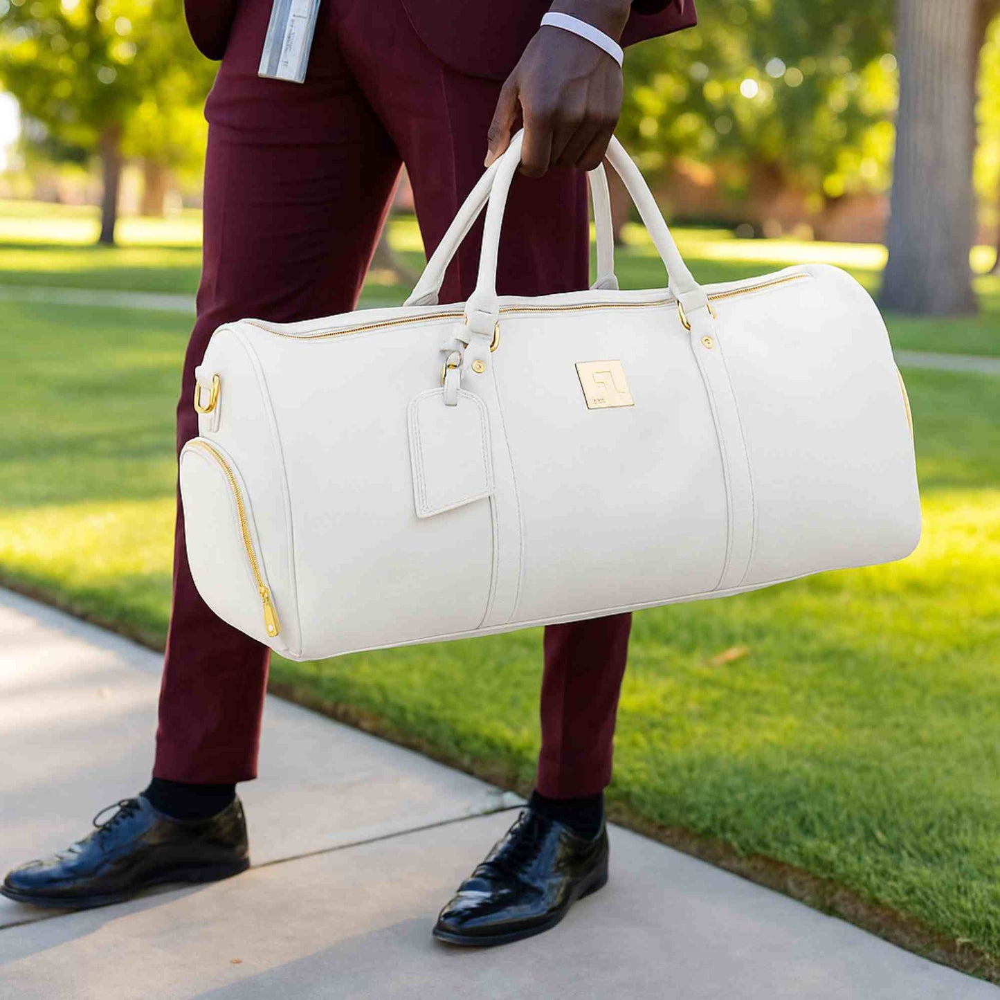 White Leather Luxury Weekender Duffle Bag