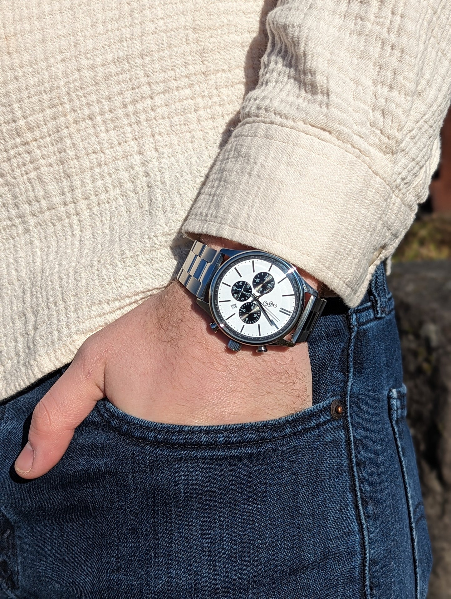 White and Black Chronograph Stainless Steel Watch The Beyond Boring Watch Company