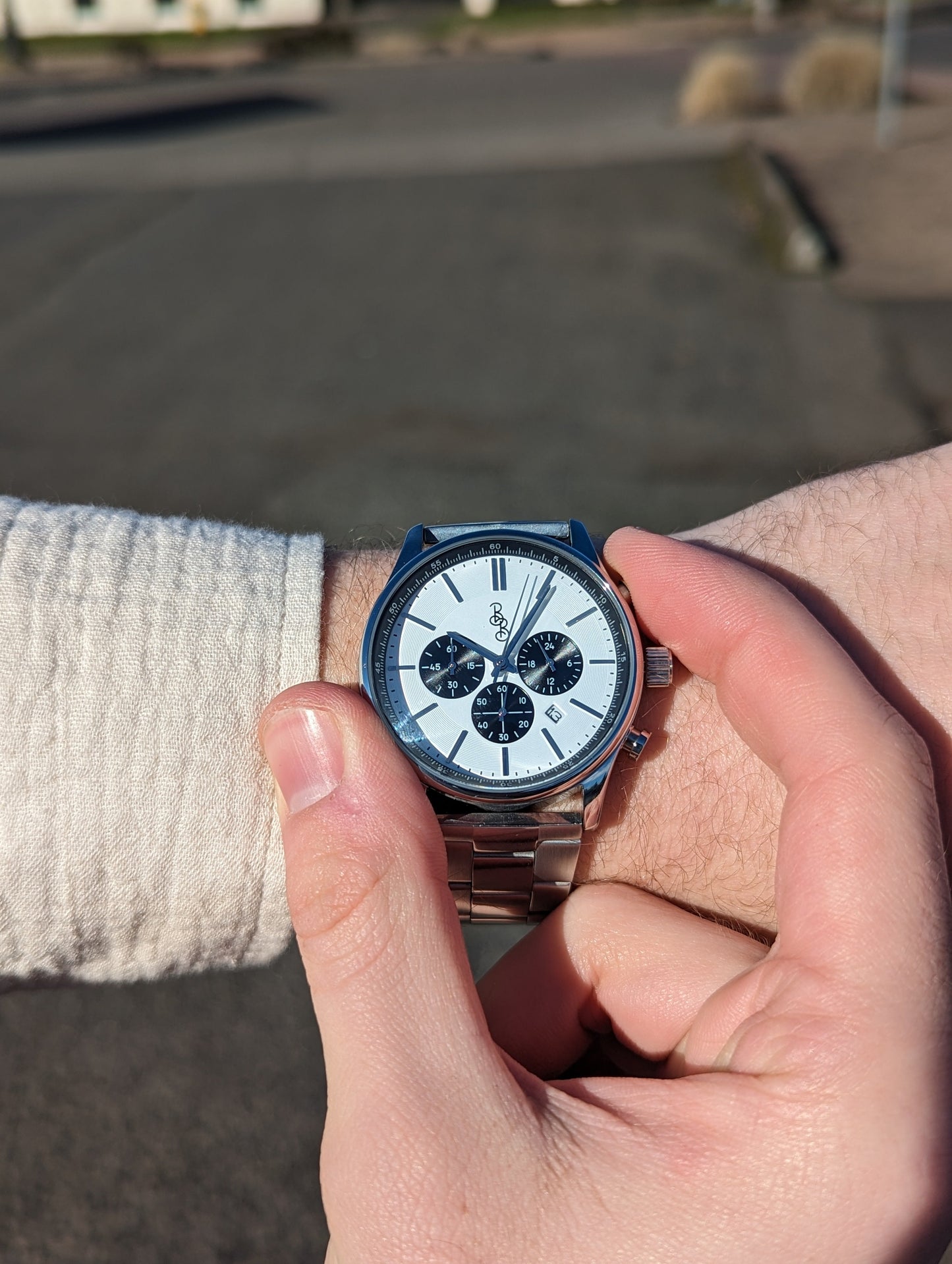 White and Black Chronograph Stainless Steel Watch The Beyond Boring Watch Company