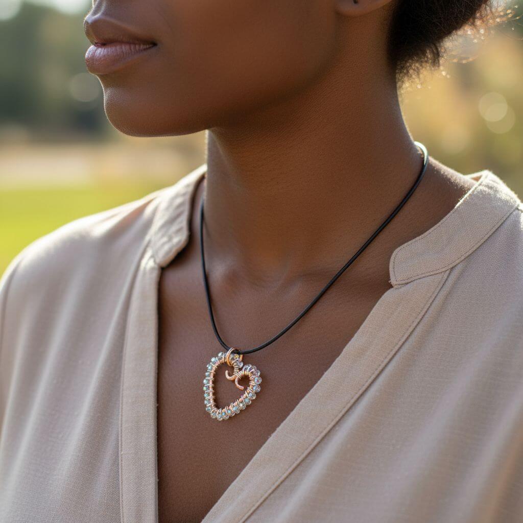 Wire Wrapped Copper Hammered Open Heart Crystal Necklace Alexa Martha
