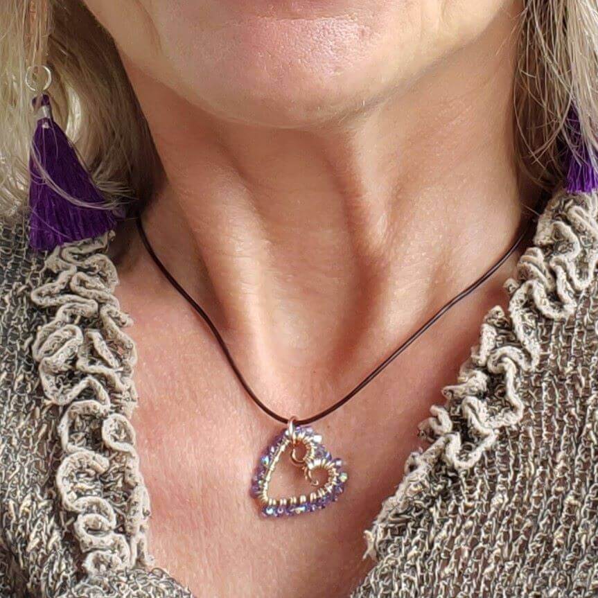 Wire Wrapped Copper Hammered Open Heart Crystal Necklace Alexa Martha