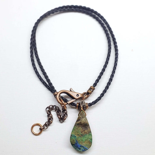 Wire Wrapped Copper Natural Azurite Malachite Drop Vegan Cord Necklace Alexa Martha