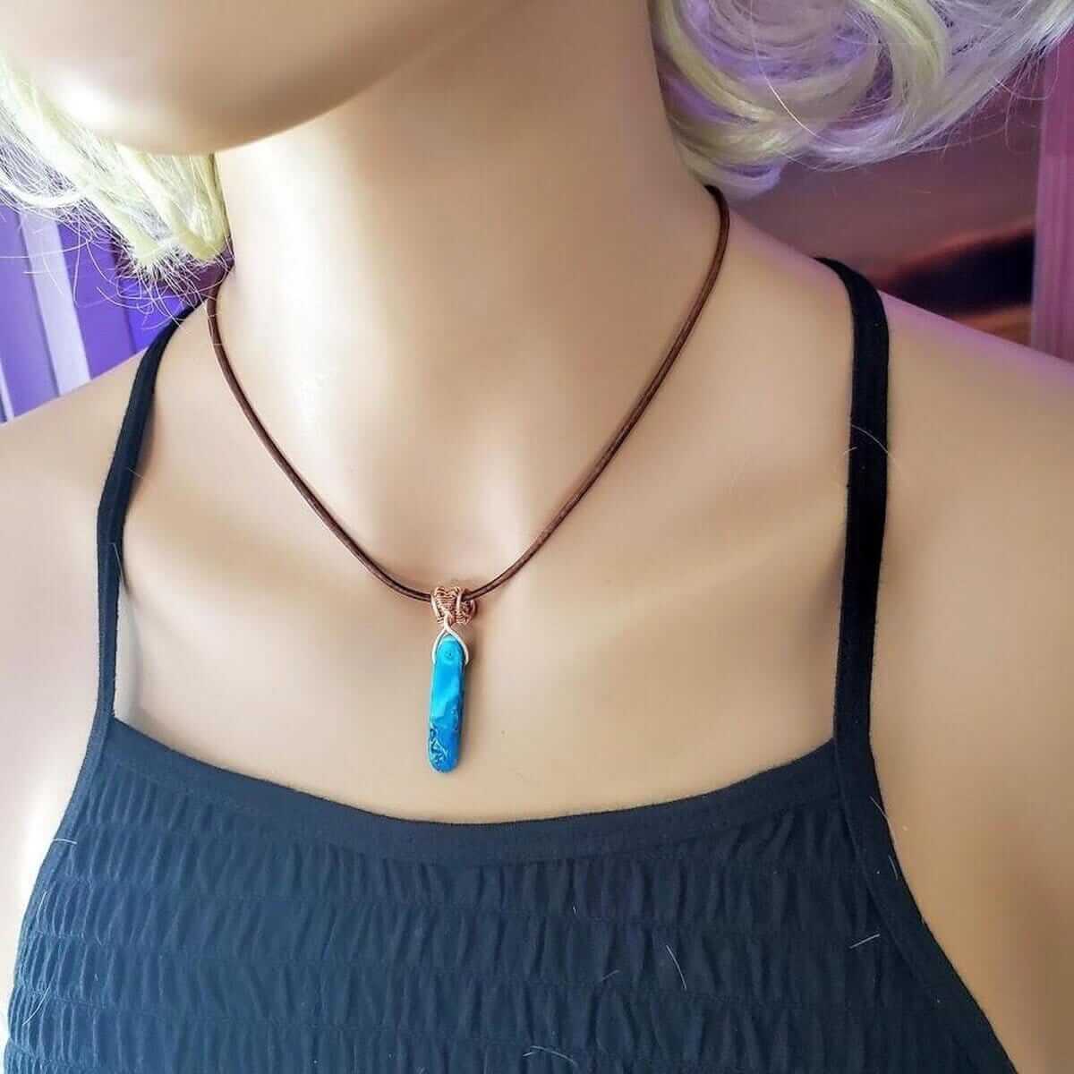 Wire Wrapped Turquoise Dyed Agate Pointed Leather Necklace Alexa Martha