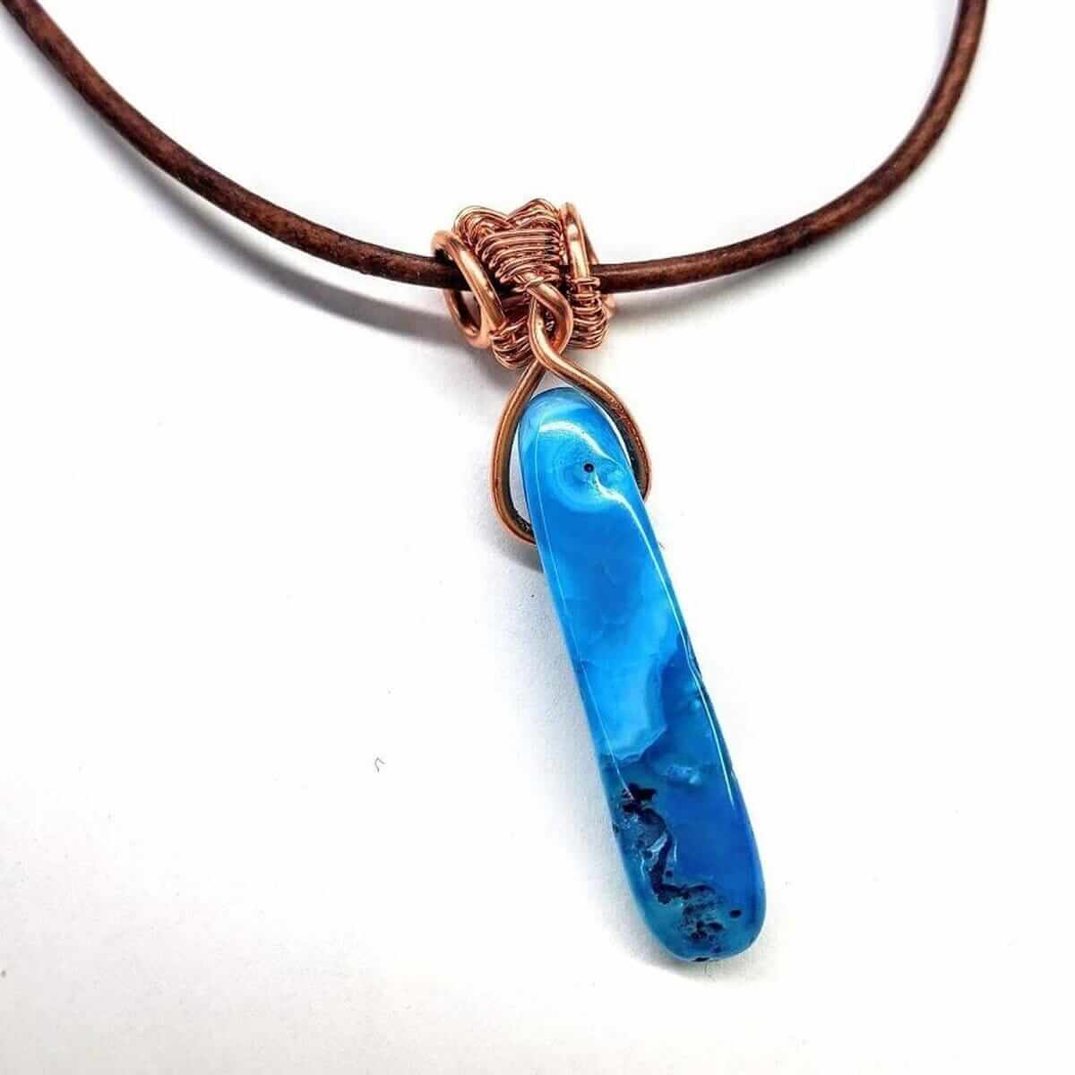 Wire Wrapped Turquoise Dyed Agate Pointed Leather Necklace Alexa Martha