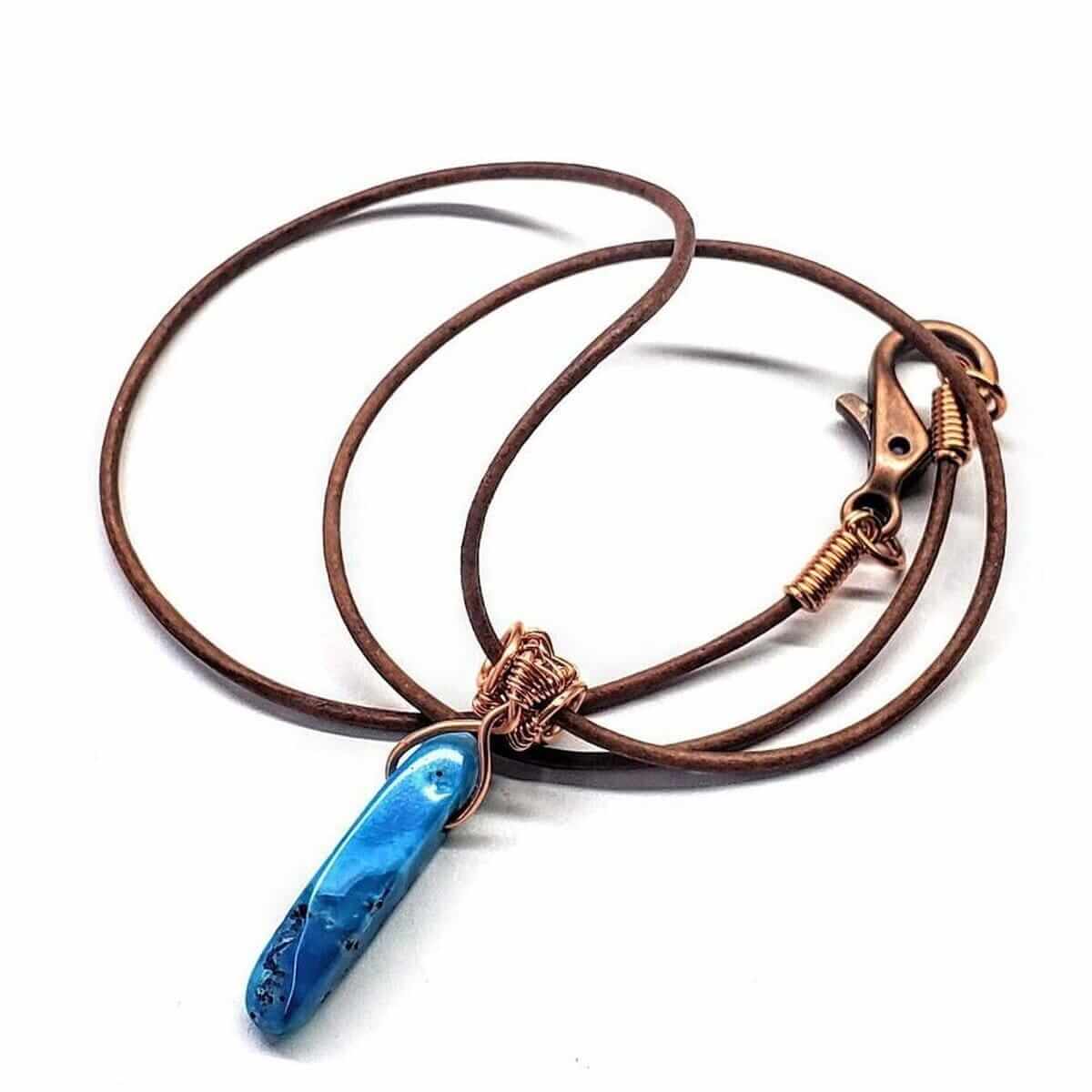 Wire Wrapped Turquoise Dyed Agate Pointed Leather Necklace Alexa Martha