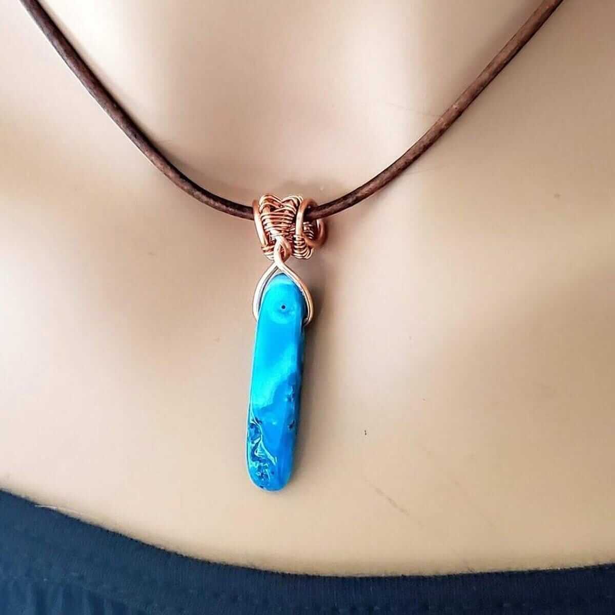 Wire Wrapped Turquoise Dyed Agate Pointed Leather Necklace Alexa Martha