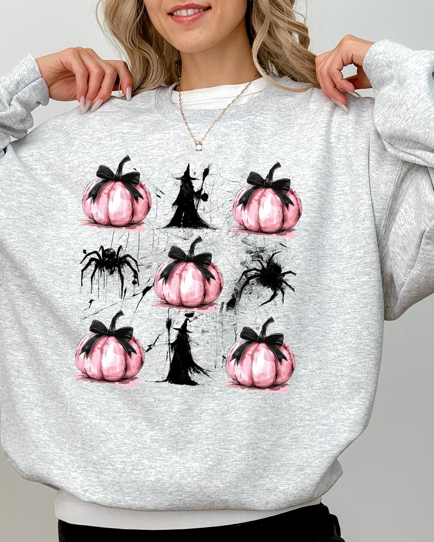Witch, Spiders, Pumpkins, Spooky Coquette Ribbons and Bows, Halloween, Autumn, Fall Sweatshirt